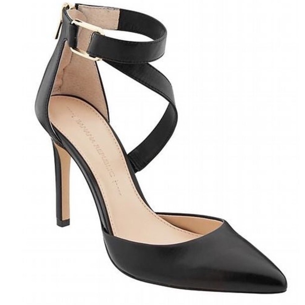 Banana Republic Black Jovana Pumps Strappy Stiletto Heels with Gold Back Zipper